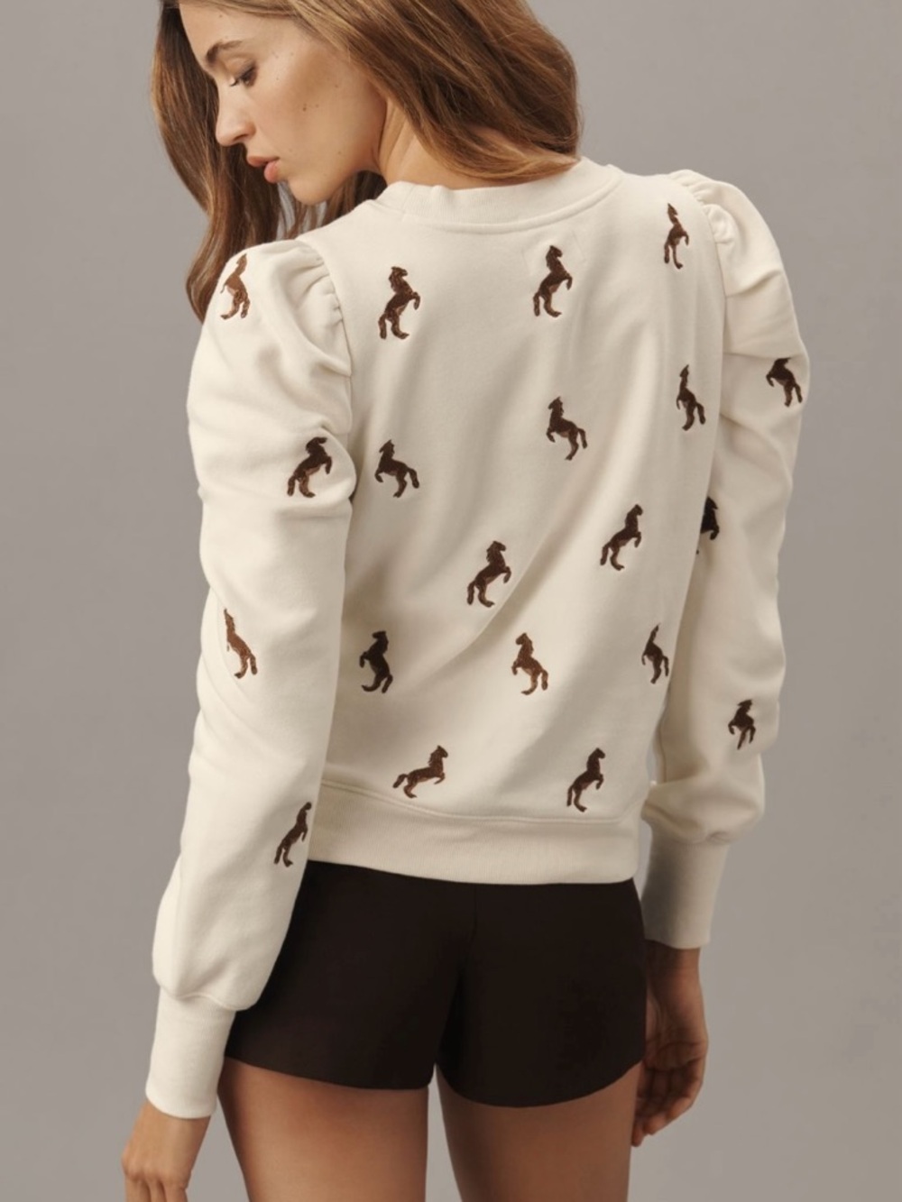 Anthropologie Maeve Puff Sleeve Sweatshirt with Brown Horse Embroidery - Picture 2 of 5
